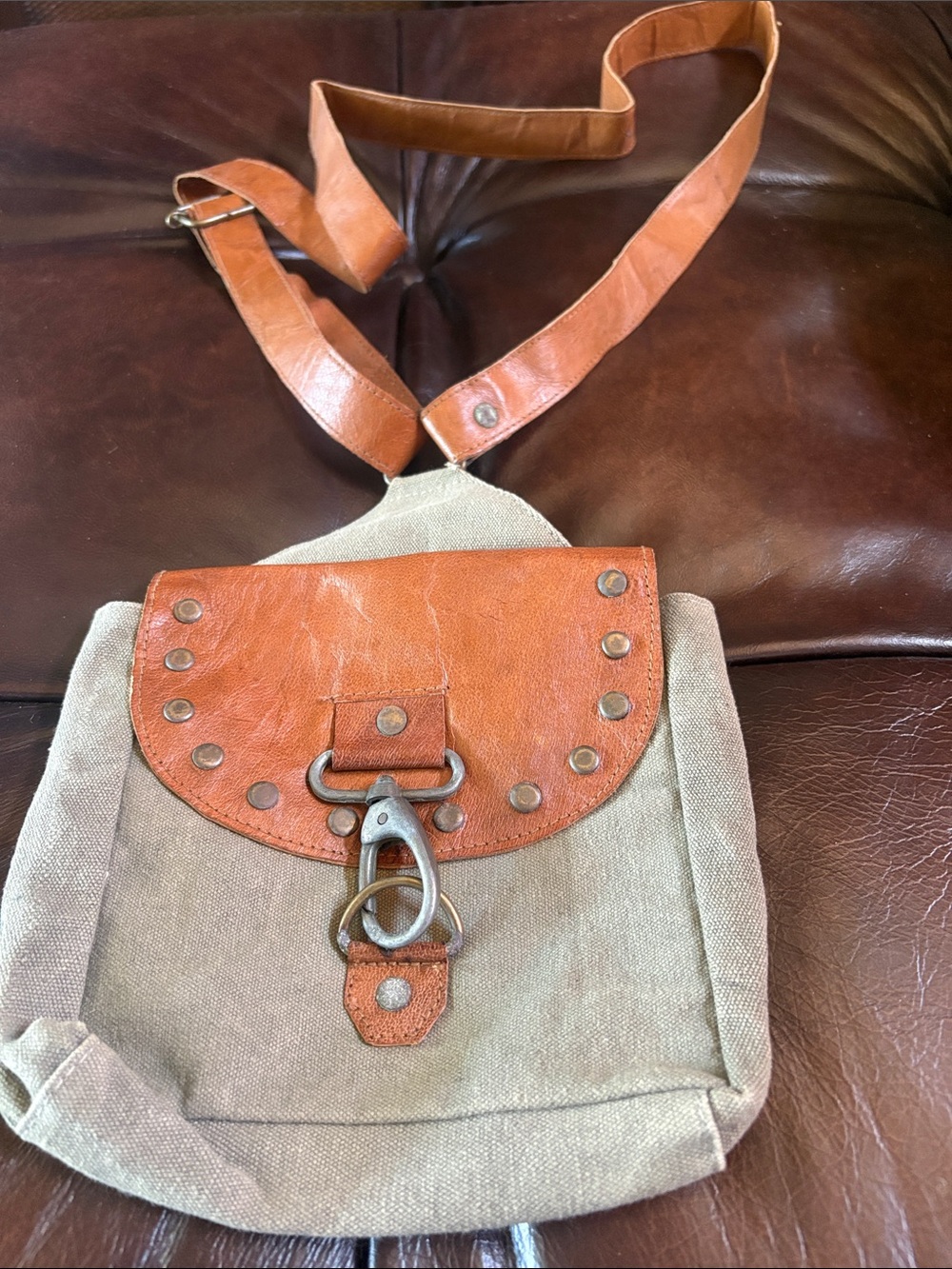 Canvas and Tan Leather Crossbody Bag with Studded Flap